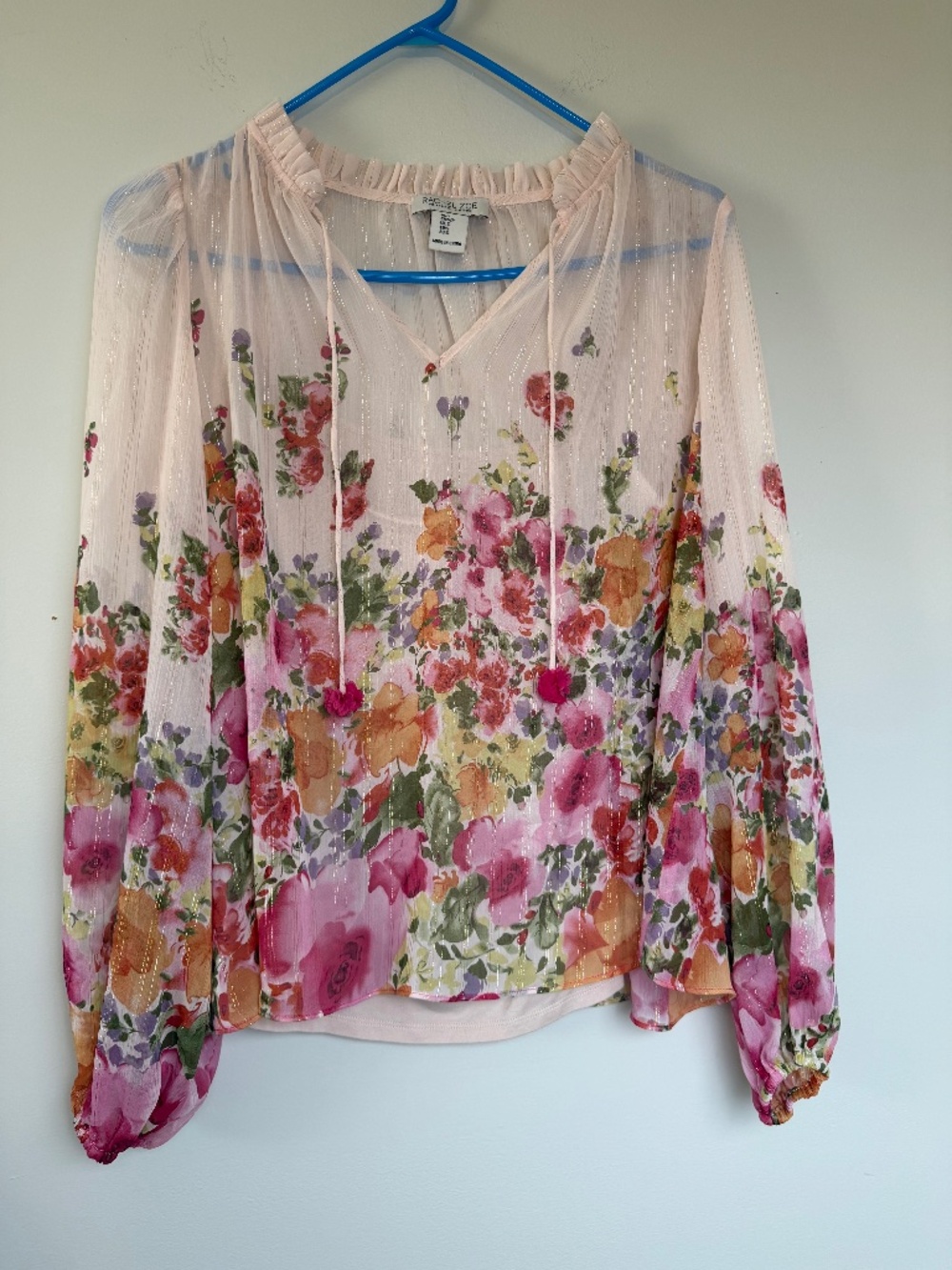 Rachel Zoe Floral Chiffon Metallic Pinstripe Peasant Blouse Small